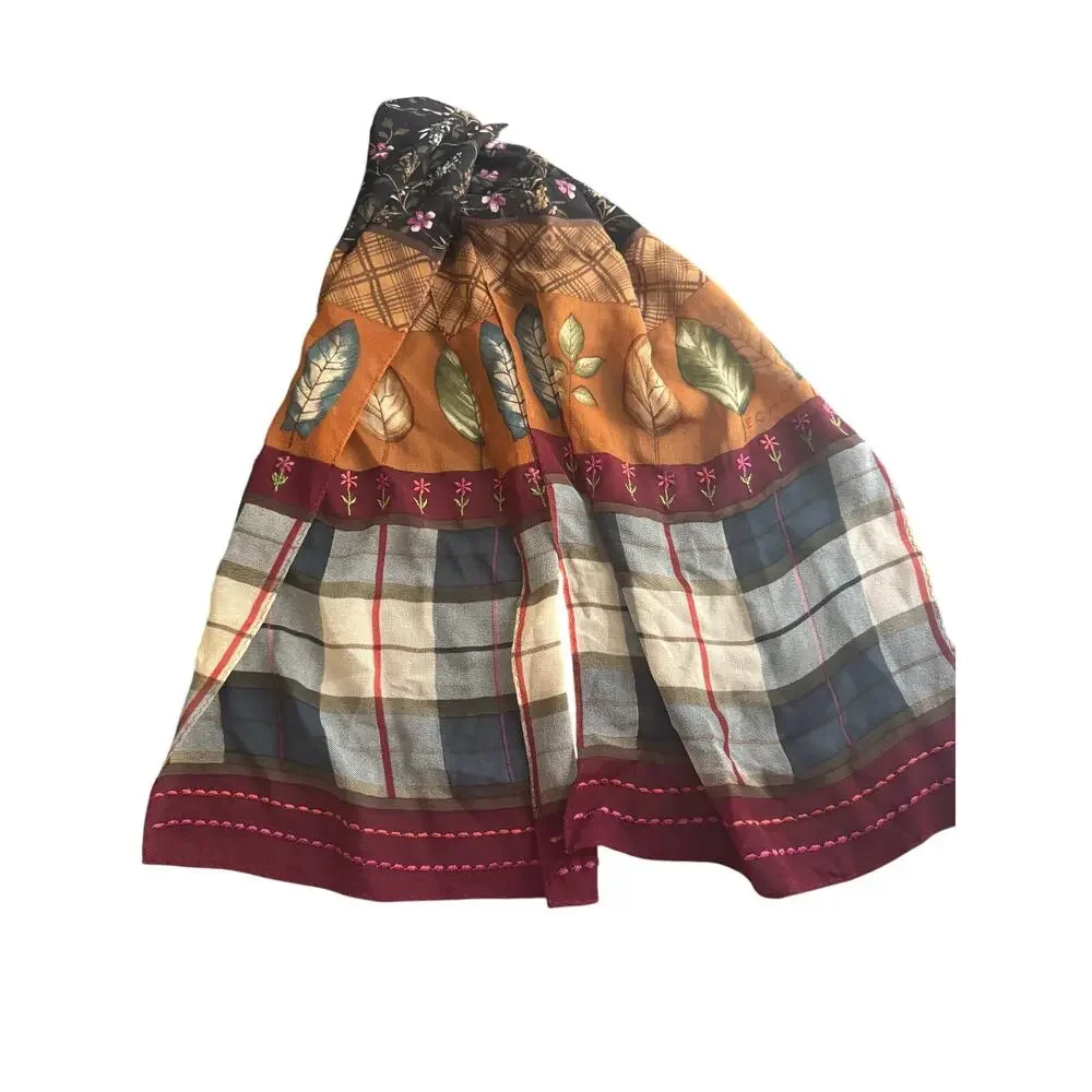 Vintage Echo Chiffon‎ Embroidered Scarf Flowers Plaid Leaves Autumn Fall